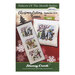 Front cover of the cross stitch pattern with the finished projects displayed on a red and cream snowflake-covered background.