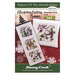 Front cover of the cross stitch pattern with the finished projects displayed on a red and cream snowflake-covered background.