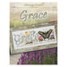 Front cover image of the Grace cross stitch pattern by Stoney Creek featuring butterflies, bugs, and florals with the word "grace" completed and framed.