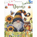 Cross-stitch pattern of a bee gnome with sunflowers and bees.