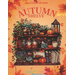 Cross stitch pattern of a autumn-themed shelf with pumpkins, jars, books, flowers, and lanterns.