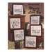 Front cover of the Words to Live By Volume 3 cross stitch pattern book with the six finished patterns in wooden frames propped in a quaint house scene.