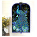 The completed project colored in a vibrant peacock themed panel, staged on a hanger against a white shiplap wall with coordinating flowers.