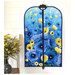 The completed project colored in a vibrant blue and yellow poppy themed panel, staged on a hanger against a white shiplap wall with coordinating flowers.