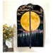 The completed project colored in a mysterious full moon themed panel, staged on a hanger against a white shiplap wall with coordinating flowers.