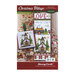 Front cover of the Christmas Village - Church cross stitch pattern with the finished full design and the ornament version isolated on a Christmas tree back drop.
