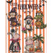 Halloween cross stitch pattern with cartoon animals in costumes, including a monkey, dog, and frog.