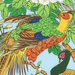 an 8x8 swatch of the ice blue fabric with a lush spread of tropical birds, florals, and butterflies in a rainbow of colors.