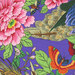 an 8x8 swatch of the royal purple fabric with a lush spread of tropical birds, florals, and butterflies in a rainbow of colors.