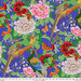 Royal purple fabric with a lush spread of tropical birds, florals, and butterflies in a rainbow of colors.