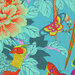 an 8x8 swatch of the medium teal fabric with a lush spread of tropical birds, florals, and butterflies in a rainbow of colors.
