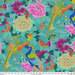 medium teal fabric with a lush spread of tropical birds, florals, and butterflies in a rainbow of colors.