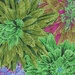 an 8x8 swatch of the fabric featuring lush painted florals in striped green, powder blue, magenta, and dark purple.