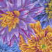 an 8x8 swatch of the fabric featuring lush painted florals in striped cornflower blue, purple, yellow, and smoky black.