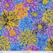 Lush painted florals in striped cornflower blue, purple, yellow, and smoky black.