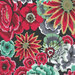 an 8x8 swatch of the Black fabric with tossed, stylized florals in red, mint green, white, and gray.