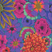an 8x8 swatch of the dark teal blue fabric with tossed, stylized florals in purple, orange, magenta, and teal green.