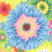 an 8x8 swatch of the cottage blue fabric featuring tossed gerbera daisies in pastel colors like red, green, orange, yellow, pink, and blue.