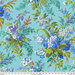 light blue fabric with tossed bouquets in blue, olive green, white, purple, and orange.