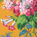 an 8x8 swatch of the golden fabric with tossed bouquets in teal blue, green, white, pink, and purple.