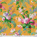 Golden fabric with tossed bouquets in teal blue, green, white, pink, and purple.