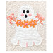Close up on the appliqué ghost holding a garland of orange flowers.