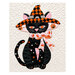 Close up on the appliqué black cat wearing a witch hat and a candy cane bow on a quilted background.
