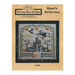Front cover of the Hazel's Halloween cross stitch pattern, finished on a light gray fabric isolated on a textured golden background.
