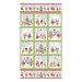 Block fabric with 12 blocks of bunnies in different scenarios in wintry scenes, bordered by mottled green fabric and festive scenic stripes on both sides.