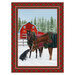 White fabric panel with a winter farm scene of horses and a shepherd dog standing in front of a rustic barn.