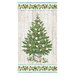 Cream fabric panel with a wood plank texture topped with a coastal, seashell-decorated Christmas tree and bordered by holly vines.