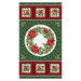 Green panel fabric with pine sprigs topped with a cream colored circle of holly, pine, poinsettias, and cardinals, with blocks of cardinals resting on botanicals.