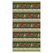 Green border print fabric with stripes of cardinals on beds of pine and holly, holly vines, and red pinstripes.