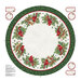 White tree skirt project panel with scenes of cardinals with beds of holly, juniper, and pine, surrounded by a ring of pine green fabric with juniper sprigs.