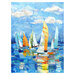 A fabric panel ith painterly sailboats and brushstroke water.