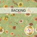 Light sage green fabric with tossed florals and leaves; a transparent banner at the top reads "Backing." 