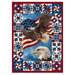 Panel with a patriotic design of an eagle flying in front of a US flag, framed by quilt blocks.