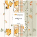 fabric strip collage of cream and sage baby woodland fabrics from the Frisky Fox collection featuring cute baby foxes, leaves, mushrooms, acorns, birds, and a sweet plaid print.
