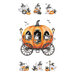 White fabric panel featuring a pumpkin carriage with friendly ghosts, black cats, and bats, framed by coordinating ghosts, black cats, and bats vignettes 