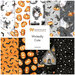 Square collage of white, gray, orange, and black halloween-themed fabrics from the Wickedly Cute fabric collection.