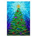 Azure blue panel with a stained glass-style design of a Christmas tree adorned with ornaments.