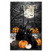 Panel with a castle behind a gothic gate and black cats, crows, and painted pumpkins.