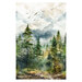watercolor panel featuring a wooded scene with mountains and flying birds in the background.