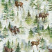 This scenic woodland fabric features watercolor-style elk, moose, wolves, bears, and deer roaming among lush evergreen trees in soft, earthy hues.