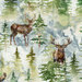 an 8x8 swatch of the scenic woodland fabric featuring watercolor-style elk, moose, wolves, bears, and deer roaming among lush evergreen trees in soft, earthy hues.
