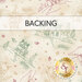 Mottled cream fabric with tossed burgundy, green, and tan stitched depictions of snowy cottages; a transparent banner at the top reads "Backing." 