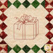 A super close up on the hand embroidered block featuring the present with a cute bow; top quilting details can also be seen.