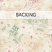 Mottled cream fabric with tossed burgundy, green, and tan stitched depictions of snowy cottages; a transparent banner at the top reads "Backing." 
