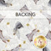 Swatch of mottled grayish white fabric with tossed angels and tonal script; a transparent banner at the top reads "Backing." 