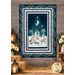 The completed Divine Reunion Quilt, colored in navy blue and gray/white fabrics from the Silent Night collection by Blank Quilting, hung on a rustic wood wall and staged with hay, lanterns, and white poinsettias.